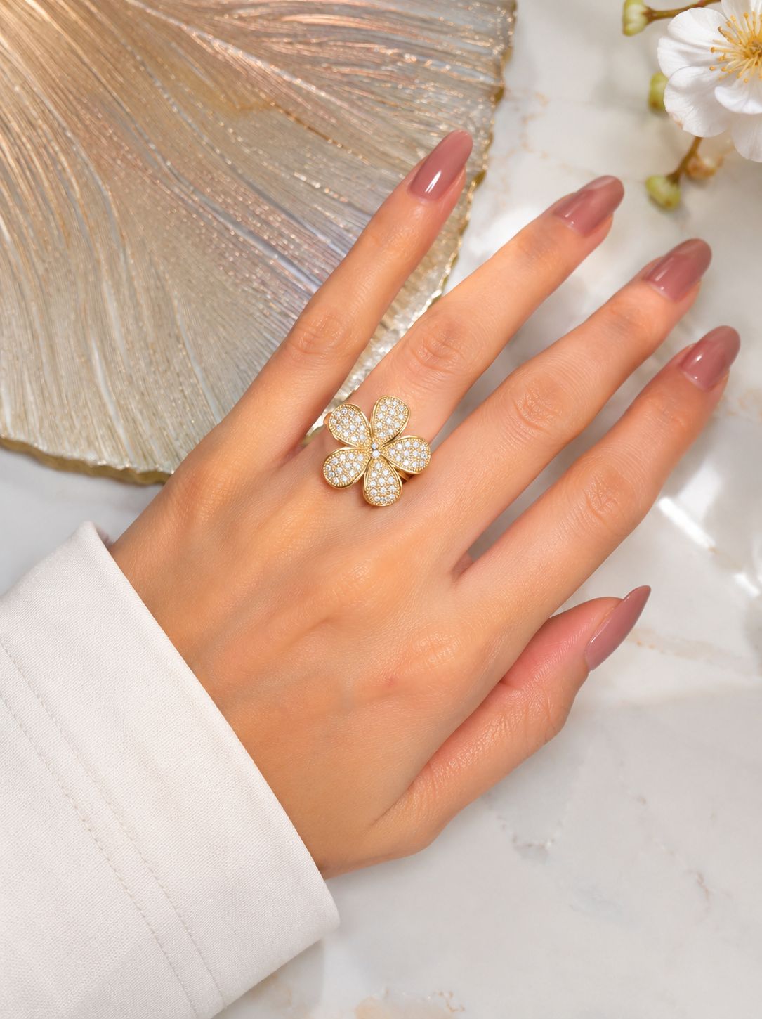 Crystal Flower Adjustable Ring – Red, White & Black