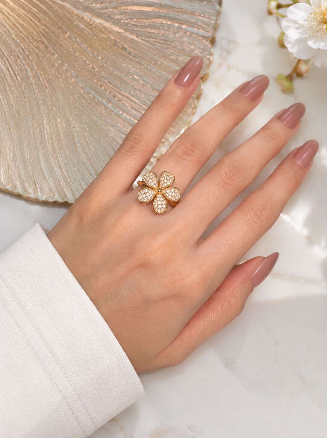 Crystal Flower Adjustable Ring – Red, White & Black