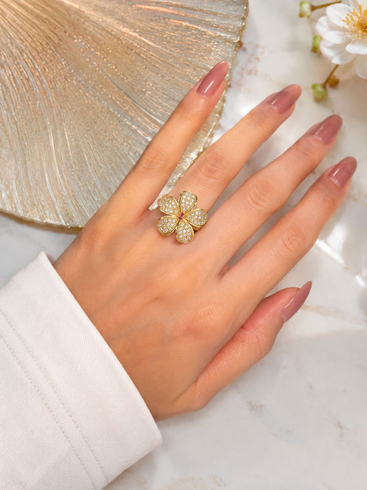 Crystal Flower Adjustable Ring – Red, White & Black